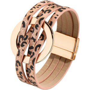 Leopard Circle Charm Leather Wrap Bracelet Handmade Cuff Bracelets for Women
